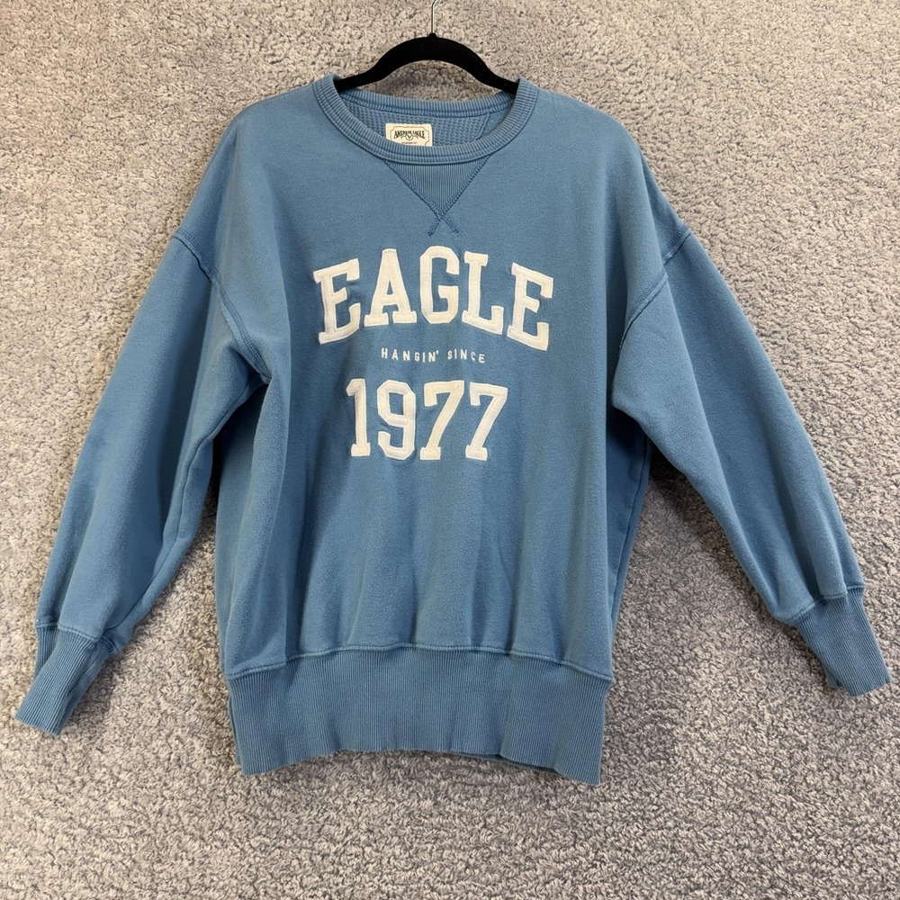 American Eagle Sweatshirt Womens XS Blue‎ Eagle 1977 Crewneck Pullover Fleece